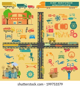 Set of auto repair service elements for creating your own infographics or maps of the car service station. Vector illustration