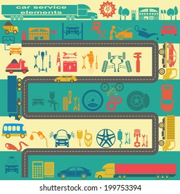 Set of auto repair service elements for creating your own infographics or maps of the car service station. Vector illustration