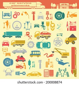 Set of auto repair service elements for creating your own infographics or maps of the car service station. Vector illustration