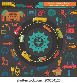 Set of auto repair service elements for creating your own infographics or maps of the car service station. Vector illustration