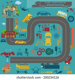 Set of auto repair service elements for creating your own infographics or maps of the car service station. Vector illustration