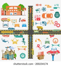 Set of auto repair service elements for creating your own infographics or maps of the car service station. Vector illustration