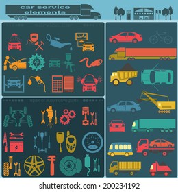 Set of auto repair service elements for creating your own infographics or maps of the car service station. Vector illustration