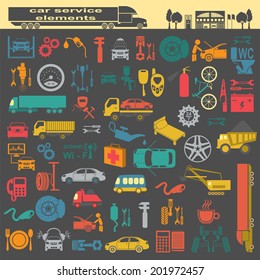 Set of auto repair service elements for creating your own infographics or maps of the car service station. Vector illustration