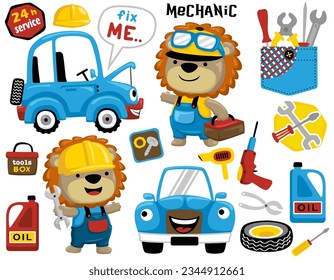 Set of auto repair shop elements with funny mechanic lion