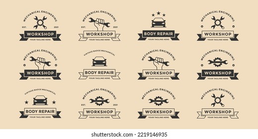 set of auto repair, workshop, repair body, mechanic engineer logo design vintage badge
