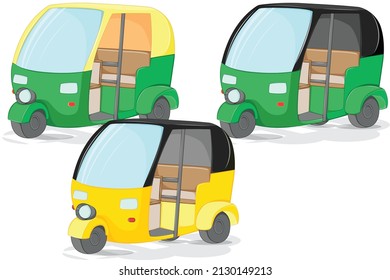 Set of Auto Rickshaw in Various Colour Cartoon Vector 