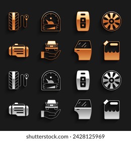 Set Auto service check automotive, Alloy wheel for car, Canister gasoline, Car door, Check engine, key with remote, Tire pressure gauge and Motor icon. Vector