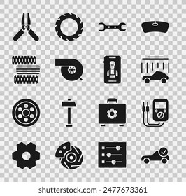 Set Auto service check automotive, Multimeter, Car wash, Wrench spanner, Automotive turbocharger, tire wheel, battery jumper power cable and Online car services icon. Vector