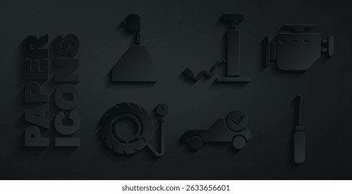 Set Auto service check automotive, Check engine, Tire pressure gauge, Screwdriver, Car air pump and Gear shifter icon. Vector