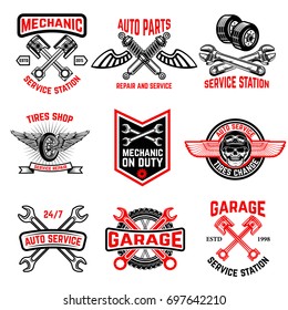 Set Of Auto Service Emblems. Auto Parts, Tires Shop,mechanic On Duty. Design Elements For Logo, Label, Emblem, Sign, Badge. Vector Illustration