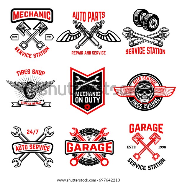 Set of auto service emblems. Auto parts,\
tires shop,mechanic on duty. Design elements for logo, label,\
emblem, sign, badge. Vector\
illustration