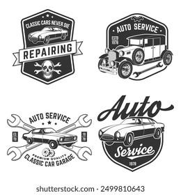 Conjunto de logotipo de servicio automático, emblemas, insignias e iconos. Vector. Servicio de reparación de automóviles, restauración y Elementos de diseño de clubes de automóviles.