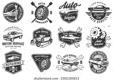 Set of auto service logo, emblems, badges and icons. Vector. Service car repair, restoration and car club design elements.