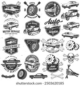 Set von Auto-Service-Logo, Emblemen, Abzeichen und Symbole. Vektor. Service Auto Reparatur, Restaurierung und Auto Club Design-Elemente.