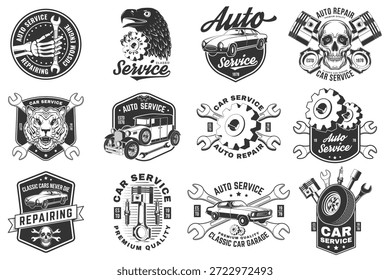 Set von Auto-Service-Logo, Emblemen, Abzeichen und Symbole. Vektor. Service Auto Reparatur, Restaurierung und Auto Club Design-Elemente.