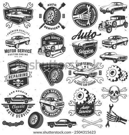 Set of auto service logo, emblems, badges and icons. Vector. Service car repair, restoration and car club design elements.