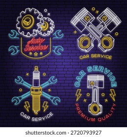 Set von Auto-Service-Logos, Emblemen, Abzeichen im Neon-Stil. Vektor. Service Auto Reparatur, Restaurierung und Auto Club Design. Auto Reparatur Emblem Zeichen, Nacht helle Werbung Auto Service