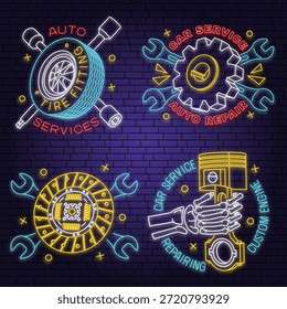 Set von Auto-Service-Logos, Embleme im Neon-Stil. Reifenbeschlag. Vektor. Service Auto Reparatur, Restaurierung und Auto Club Design-Elemente. Auto Reparatur Emblem Zeichen, Nacht helle Werbung Auto Service