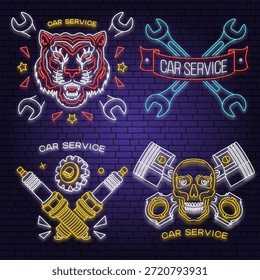 Conjunto de logotipos de servicio automático, emblemas, insignias en estilo neón. Vector. Para el centro de reparación de automóviles de servicio experto, restauración con tigre y llave inglesa. Señal del emblema de la reparación auto, servicio brillante del coche de la publicidad de la noche