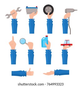 Set of auto service, maintenance icons with hand holding tools, pointing up, showing thumb up, flat vector illustration isolated on white background. Set of flat auto service, maintenance icons