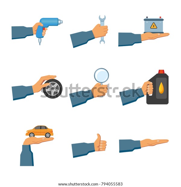 Set of auto service, maintenance icons with\
hand holding car, wrench, drill, oil canister, magnifier, battery,\
wheel, showing thumb up, open palm, flat vector illustration\
isolated on white\
background
