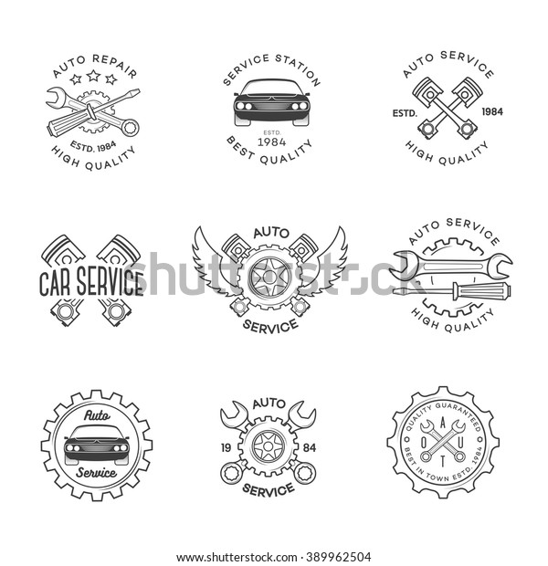 Set of auto service, repair labels\
black color isolated on white background. Stamps, banners and\
design elements for you business. Vector\
illustration