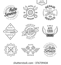 Set of auto service, repair and auto tuning labels isolated on white background. Stamps, banners and design elements for you business. Vector illustration