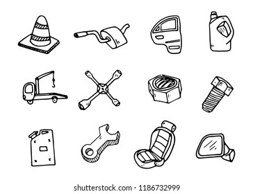 Set of auto spare parts. Car recyclers and scarp breaker icons in hand drawn style. Vector illustration EPS10.