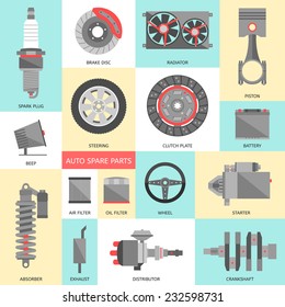 Set of auto spare parts. Car repair icons in flat style. Vector illustration EPS10.