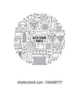 Set of auto spare parts. Car repair icons in outline style. Vector illustration EPS10.