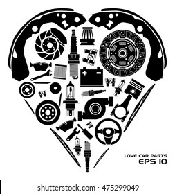 Set of auto spare parts. Heart shape. Vector illustration EPS10.