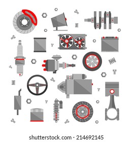 Set of auto spare parts isolated on white background.  Car repair icons in flat style. Vector illustration EPS10.