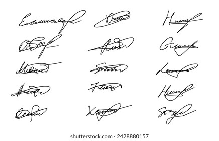 Set of autograph fictitious, handwritten fake signature. Isolated doodle on white background, vector illustration