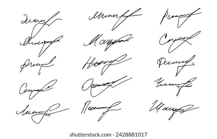 Set of autograph fictitious, handwritten fake signature. Isolated doodle on white background, vector illustration