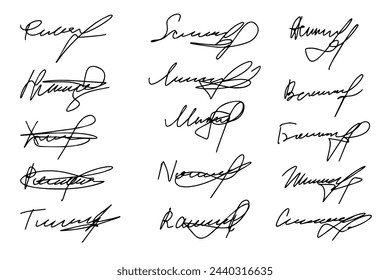 Set of autograph fictitious, handwritten fake signature. Isolated doodle on white background, vector illustration