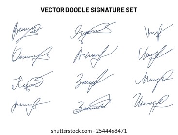 Set of autograph fictitious, handwritten fake signature. Isolated doodle on white background, vector illustration