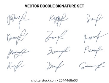 Set of autograph fictitious, handwritten fake signature. Isolated doodle on white background, vector illustration