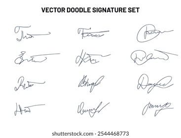 Set of autograph fictitious, handwritten fake signature. Isolated doodle on white background, vector illustration