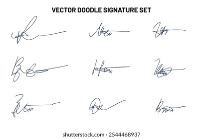 Set of autograph fictitious, handwritten fake signature. Isolated doodle on white background, vector illustration