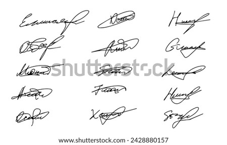 Set of autograph fictitious, handwritten fake signature. Isolated doodle on white background, vector illustration