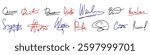 A set with autograph. Vector handwritten signature. Forged autograph written in different handwritings. Examples of documents and contracts with red, blue ink signatures.