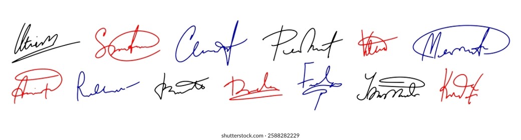 A set with autograph. Vector handwritten signature. Forged autograph written in different handwritings. Examples of documents and contracts with red, blue ink and pencil signatures.