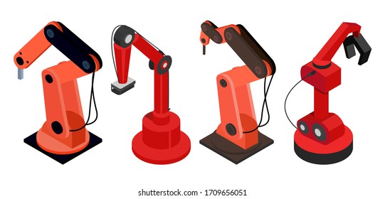 Set automated robotic mechanisms isolated on white. Factory robotic machines used in automated productions to reduce number or workers. Factory with modern technologies. Vector illustration isometric