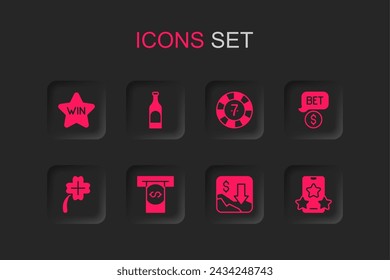 Set Automated teller machine and money, Bottle of wine, Casino, Financial growth decrease, chip with dollar, Online sports betting, chips and slot clover icon. Vector