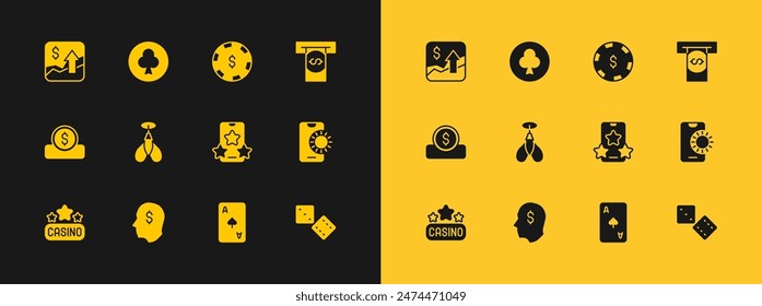 Set Automated teller machine and money, Lucky player, Online sports betting, Playing card with spades symbol, Dart arrow, Casino chip dollar, Financial growth increase and clubs icon. Vector