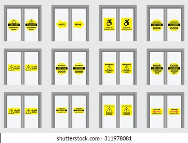 Set of automatic caution door, swings door, glass door, sliding door. Vector Illustration