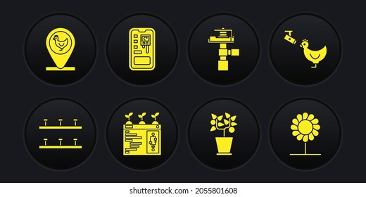 Set Automatic irrigation sprinklers, Chicken farm and camera, Smart farming technology, Plant pot, control system, Flower and location icon. Vector