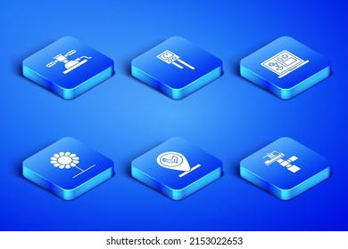 Ajuste rociadores automáticos de riego, granja de pollo y ubicación, Flor, sensor de humedad de temperatura e icono de tecnología de cultivo inteligente. Vector