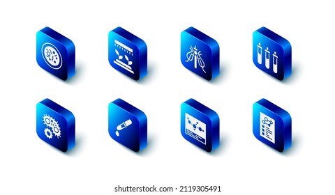 Set Automatic irrigation sprinklers, Experimental insect, Reagent bottle, Clinical record, Chemical formula, Pipette, Virus and Petri dish with bacteria icon. Vector